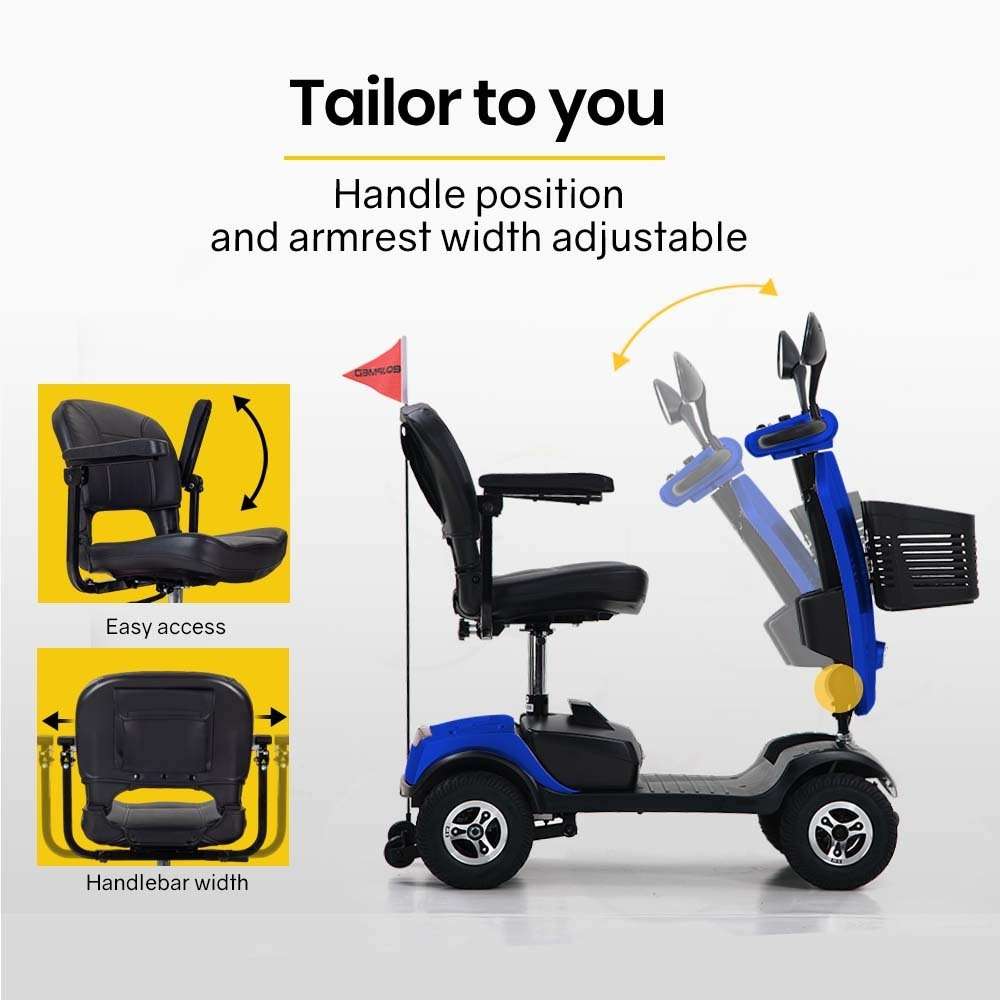 Equipmed Pathline Series electric mobility scooter for elderly with adjustable swivel seat, retractable armrests, rear suspension, LED lights, front basket, and 15-25km range