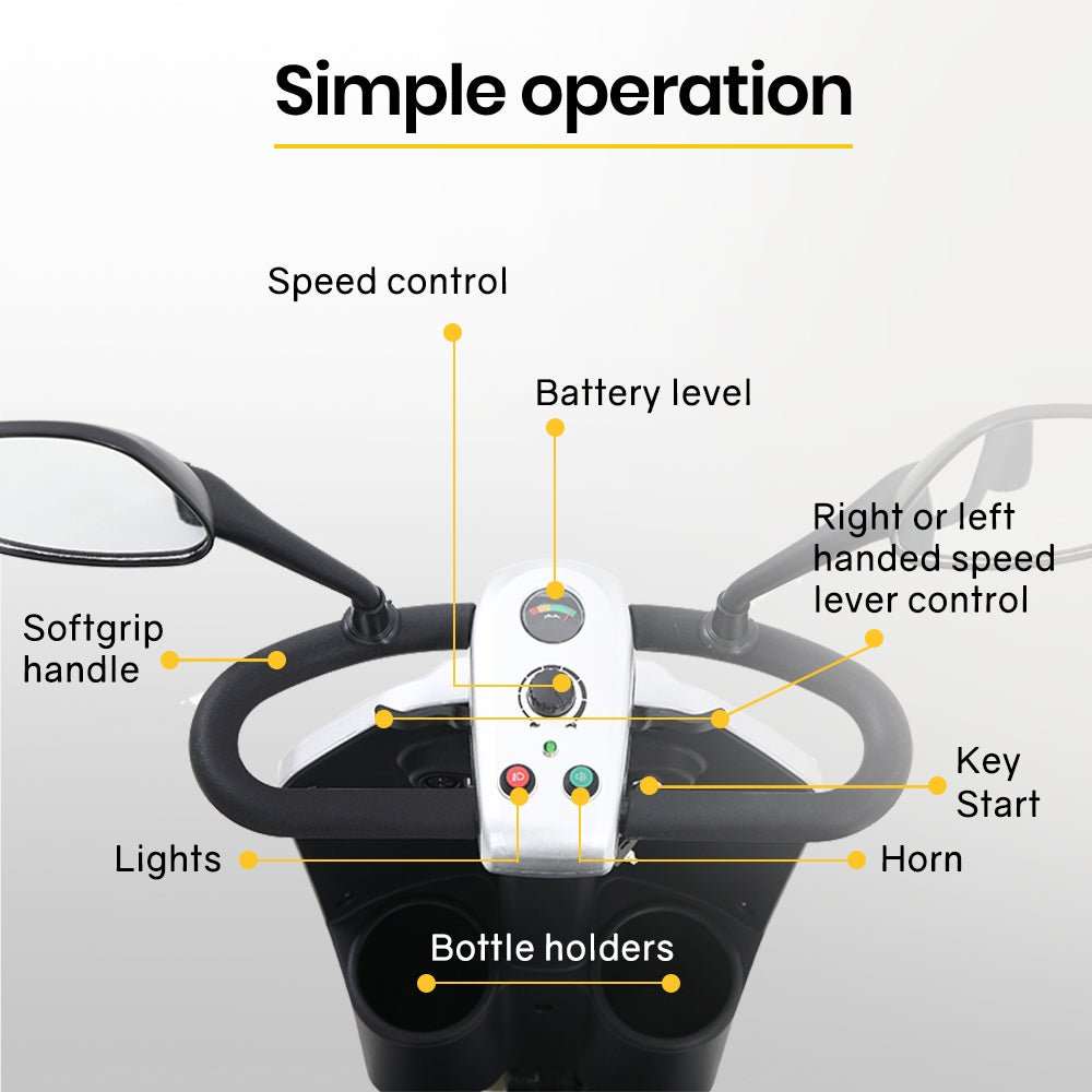 Equipmed Pathline Series electric mobility scooter for elderly with swivel seat, adjustable controls, and LED lights