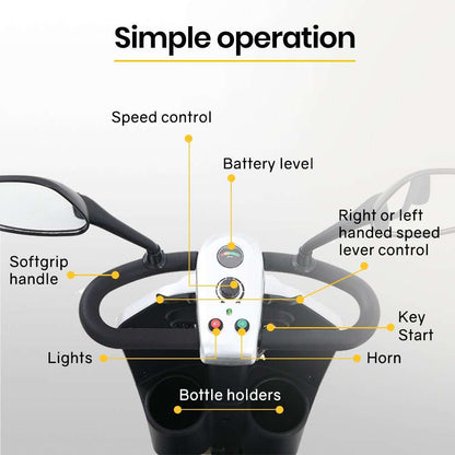 Equipmed Pathline Series electric mobility scooter for elderly with swivel seat, adjustable controls, and LED lights