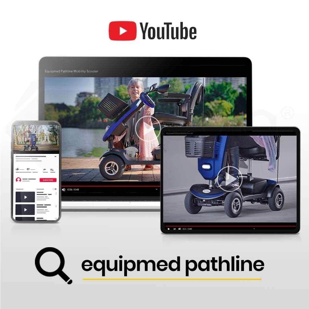 Equipmed Pathline Series electric mobility scooter for elderly with swivel seat, adjustable armrests, LED lights, and foldable design
