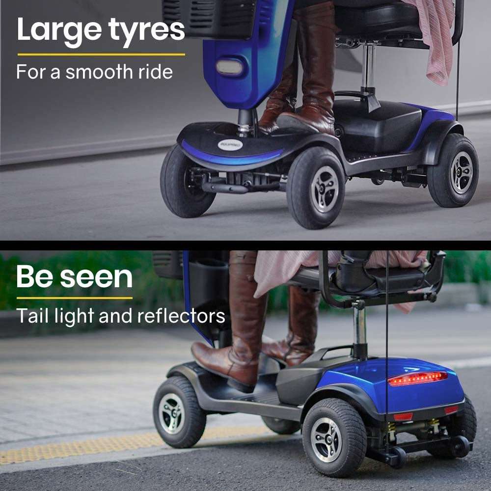 Equipmed Pathline Series electric mobility scooter for elderly with swivel seat, adjustable armrests, LED lights, and rear suspension