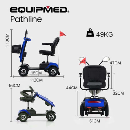 Equipmed Pathline Series electric mobility scooter for elderly with adjustable swivel seat and retractable armrests