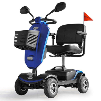 Equipmed Pathline Series electric mobility scooter for elderly with swivel seat and adjustable armrests.