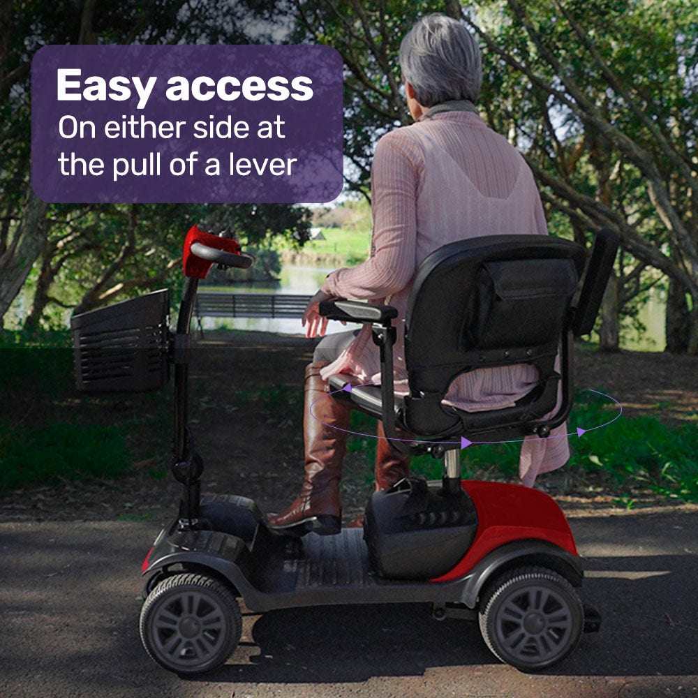 SmartRider Electric Mobility Scooter by Equipmed in black and red with foldable design and flat-free tyres