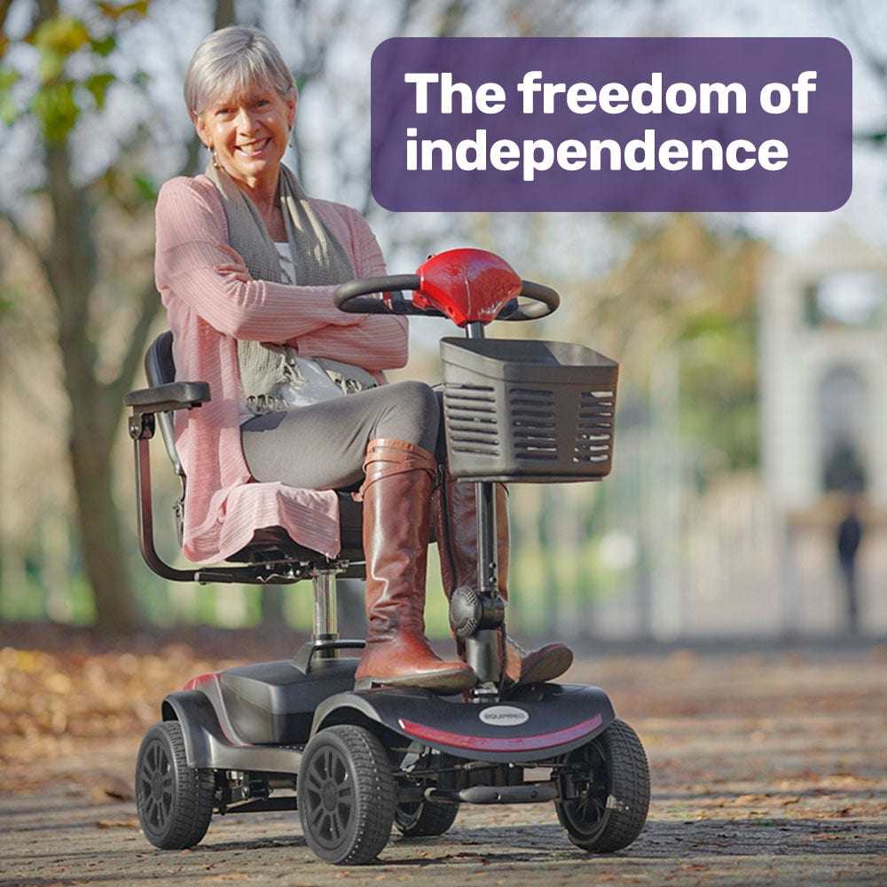 Equipmed SmartRider Mobility Scooter black and red portable folding electric scooter for elderly with flat-free tires and swivel seat