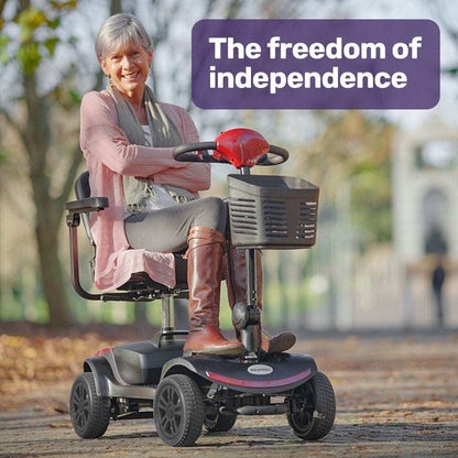 Equipmed SmartRider Mobility Scooter black and red portable folding electric scooter for elderly with flat-free tires and swivel seat