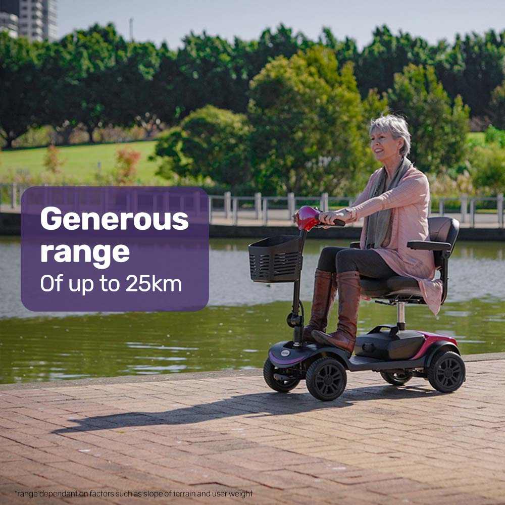 Equipmed SmartRider Mobility Scooter black and red portable folding electric scooter for elderly with adjustable seat and flat-free tires