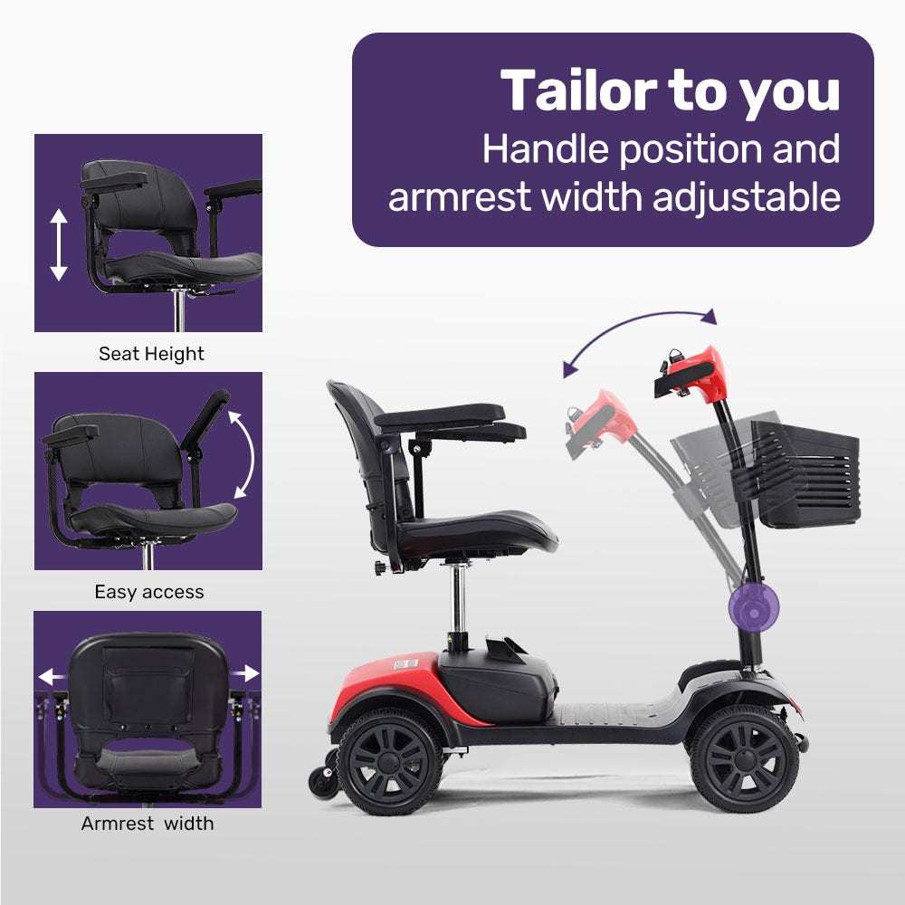 SmartRider Mobility Scooter by Equipmed in black and red, portable folding electric scooter for elderly with flat-free tyres and swivel seat