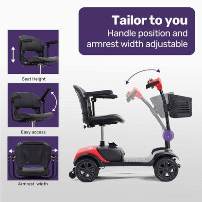 SmartRider Mobility Scooter by Equipmed in black and red, portable folding electric scooter for elderly with flat-free tyres and swivel seat