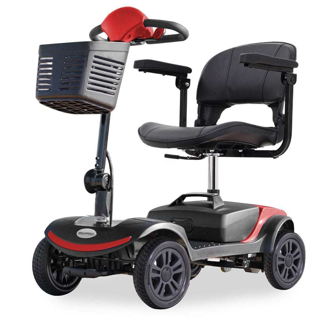 Equipmed SmartRider Mobility Scooter black and red portable folding electric scooter for elderly with flat-free tyres and swivel seat