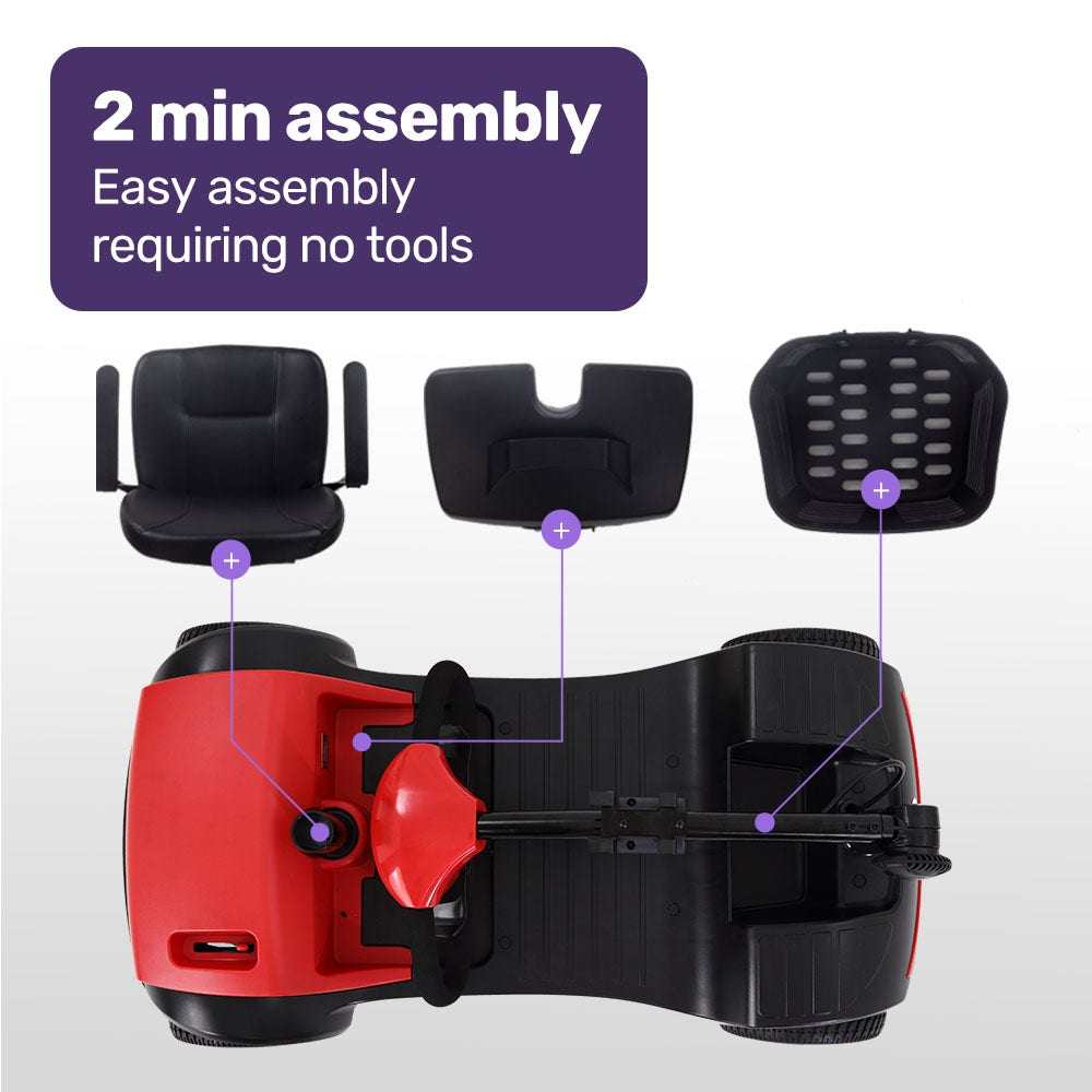 SmartRider Mobility Scooter by Equipmed in black and red, portable folding electric scooter for elderly with adjustable seat and handlebars, flat-free tires, and front storage basket