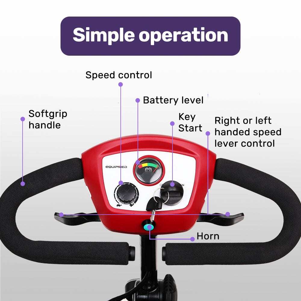 SmartRider Mobility Scooter by Equipmed in black and red, portable folding electric scooter with flat-free tires and adjustable seat for elderly and older adults