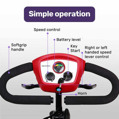 SmartRider Mobility Scooter by Equipmed in black and red, portable folding electric scooter with flat-free tires and adjustable seat for elderly and older adults