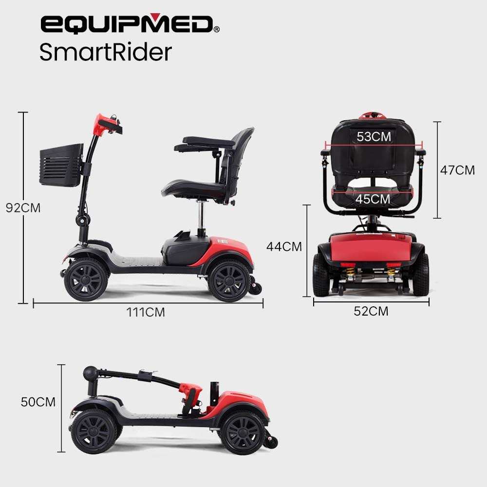 Equipmed SmartRider Mobility Scooter in black and red with folding design for elderly mobility