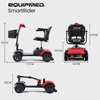 Equipmed SmartRider Mobility Scooter in black and red with folding design for elderly mobility