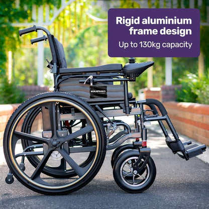Equipmed black electric wheelchair with folding frame, long-range lithium battery, and 24-inch rear wheels
