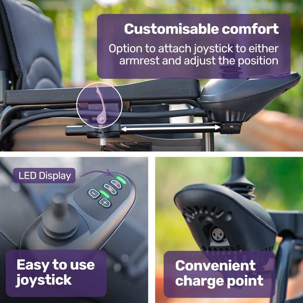 Equipmed Electric Wheelchair Folding Black with 24" Rear Wheels and Lithium Battery