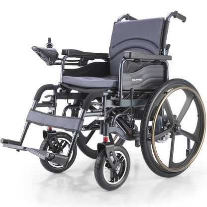Equipmed black electric wheelchair with folding frame, 24-inch rear wheels, and lithium battery
