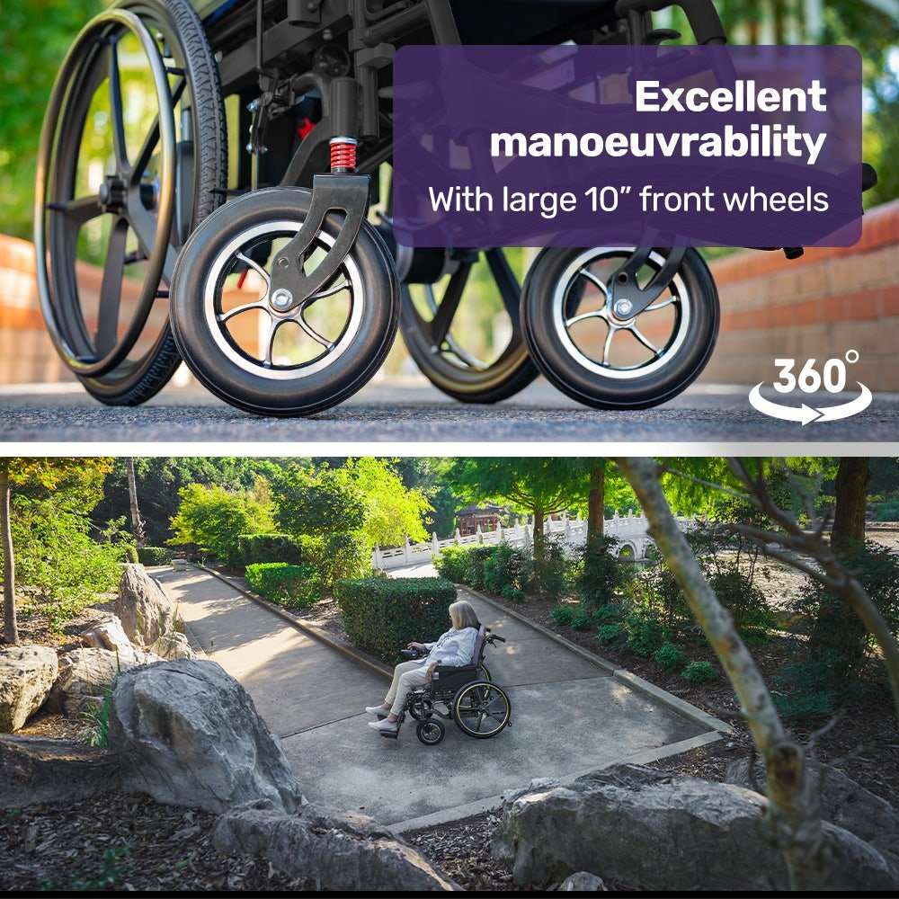 Equipmed PowerCruise DualSmart black electric wheelchair with folding frame and large 24" rear wheels