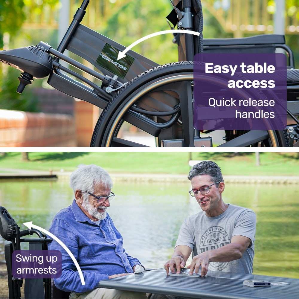 Equipmed electric wheelchair folding with 24" rear wheels and lithium battery in black