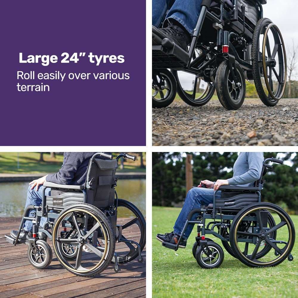 Equipmed black electric wheelchair with 24" rear wheels and folding lithium battery for long-range mobility