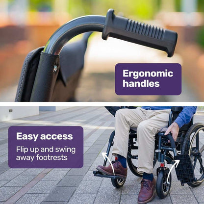 Equipmed black electric wheelchair with 24-inch rear wheels and foldable frame for long-range mobility