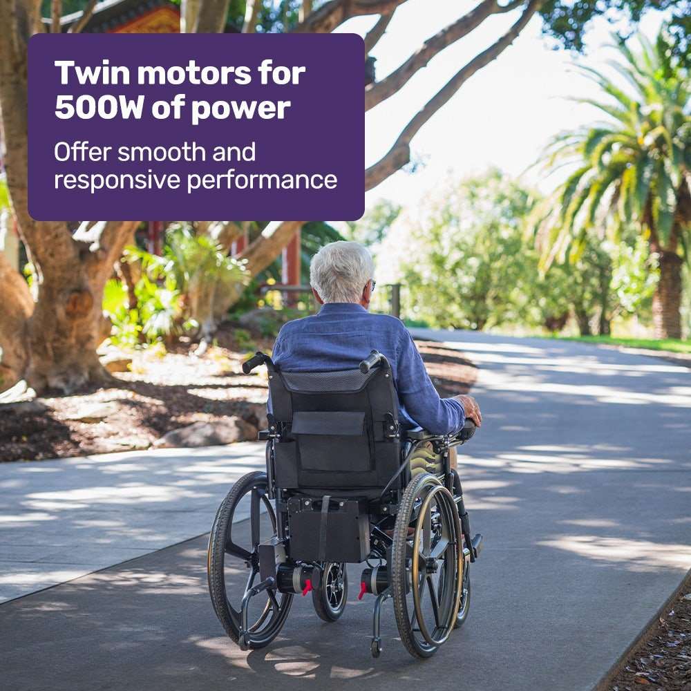 Equipmed Electric Wheelchair folding with 24" rear wheels, lithium battery, joystick control, and padded seat in black