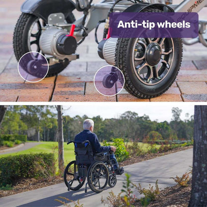 Equipmed Electric Wheelchair Folding with long range, airline approved lithium battery, 24" rear wheels, matte black and blue design