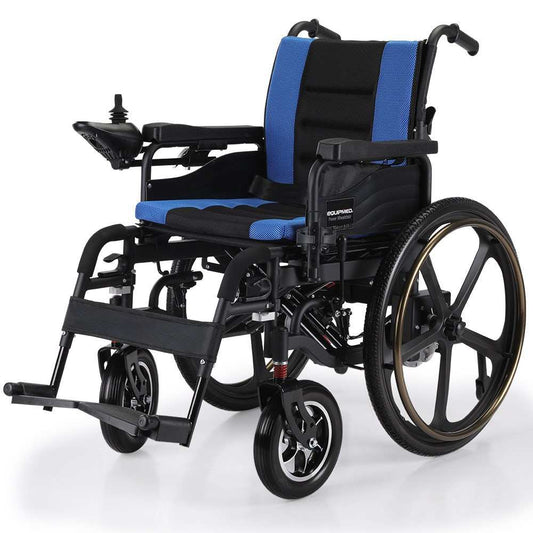Equipmed Electric Wheelchair Folding with long range, airline approved lithium battery, 24" rear wheels, and matte black/blue frame
