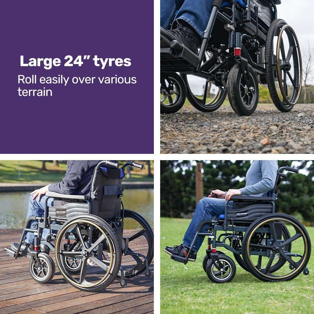 Equipmed Electric Wheelchair Folding with long-range battery, airline approved, 24" rear wheels, matte black and blue design