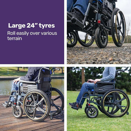 Equipmed Electric Wheelchair Folding with long-range battery, airline approved, 24" rear wheels, matte black and blue design