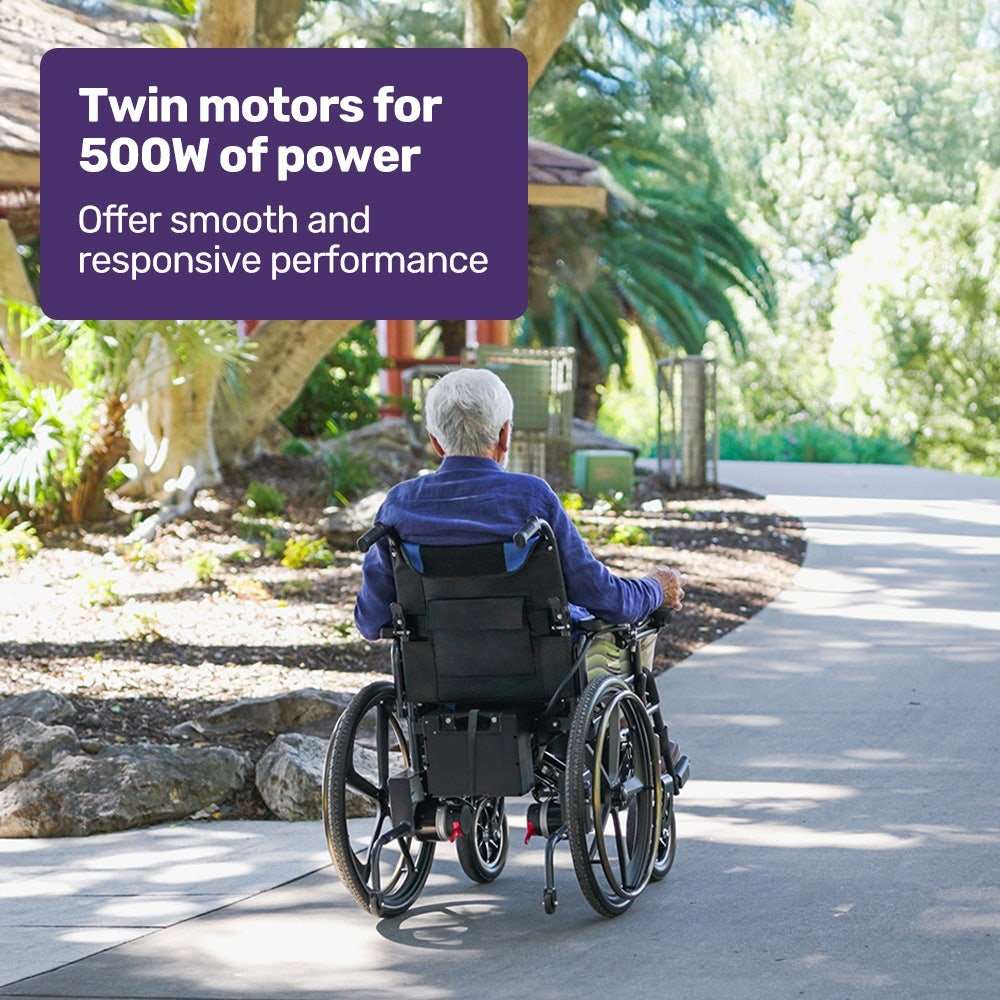 Equipmed folding electric wheelchair with 24" rear wheels and lithium battery in matte black and blue