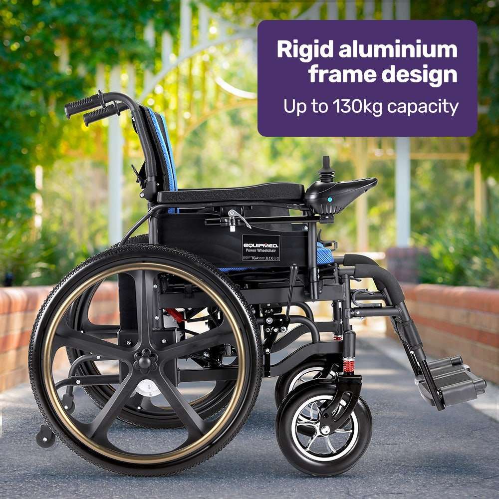 Equipmed folding electric wheelchair with long range and 24" rear wheels in matte black and blue