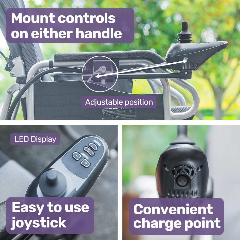 Equipmed PowerCruise LongRange electric wheelchair with lithium battery, recline, and 16" rear wheels in grey and black