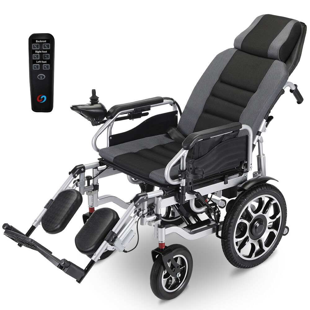 Equipmed electric wheelchair with power recline, long range lithium battery, 16-inch rear wheels, headrest, folding design in grey and black
