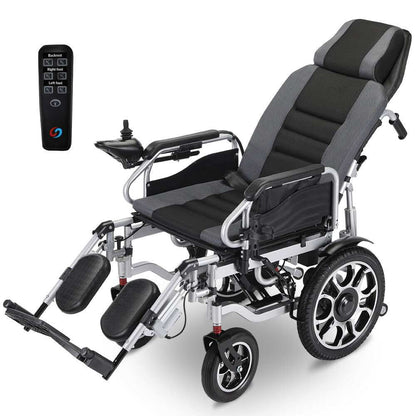 Equipmed electric wheelchair with power recline, long range lithium battery, 16-inch rear wheels, headrest, folding design in grey and black