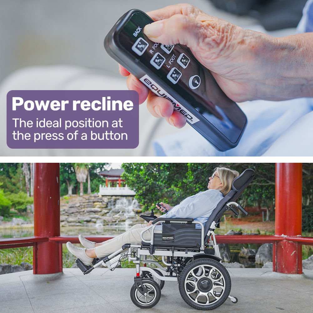Equipmed electric wheelchair in grey with power recline, 16-inch rear wheels, headrest, folding frame, and lithium battery for long-range mobility