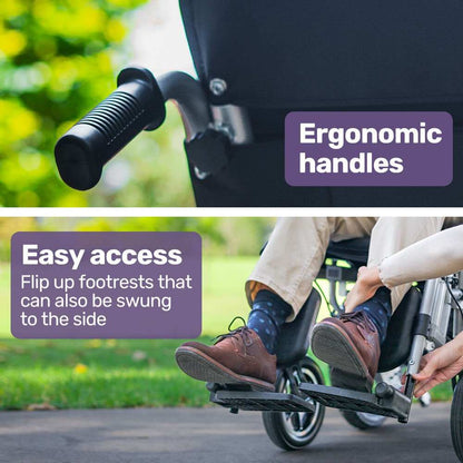 Equipmed electric wheelchair in grey and black with power recline, 16" rear wheels, folding design, and lithium battery for long range mobility