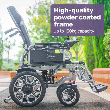 Equipmed Electric Wheelchair with power recline, folding design, 16" rear wheels, headrest, lithium battery, and 20km range in grey and black