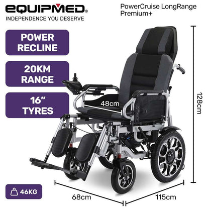 Equipmed electric wheelchair power recline lithium battery folding grey black with 16 inch rear wheels and headrest