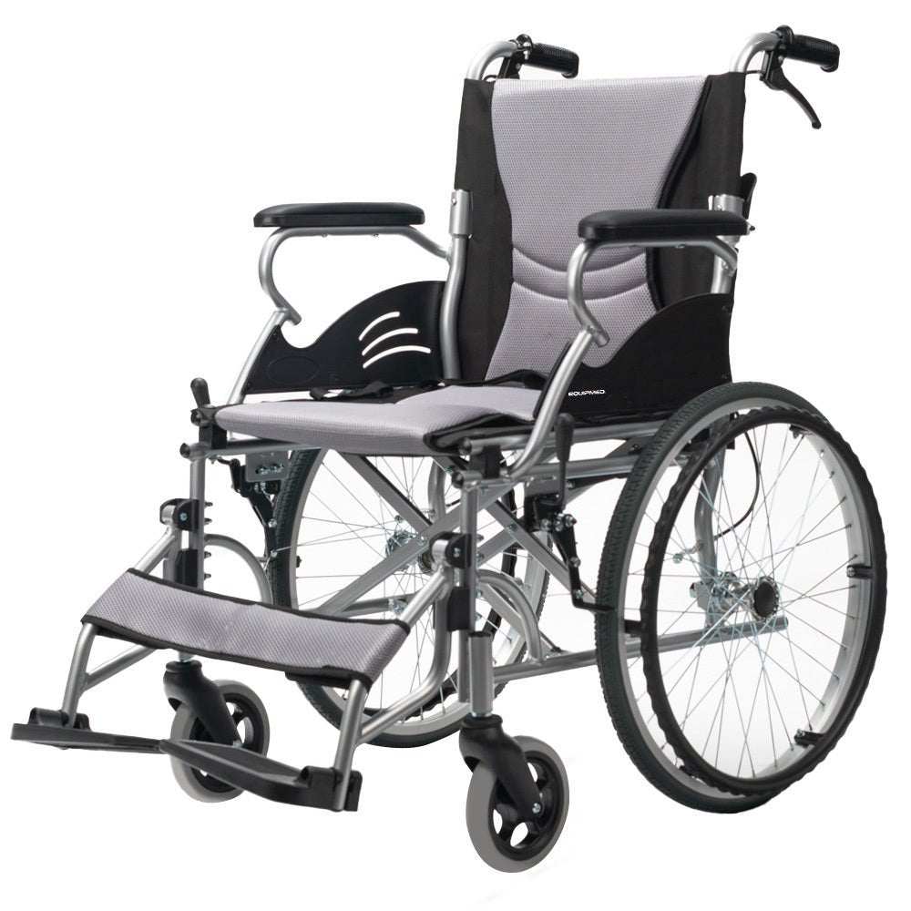 EQUIPMED Folding Aluminium Wheelchair with 20" puncture-proof wheels and park brakes in grey and black