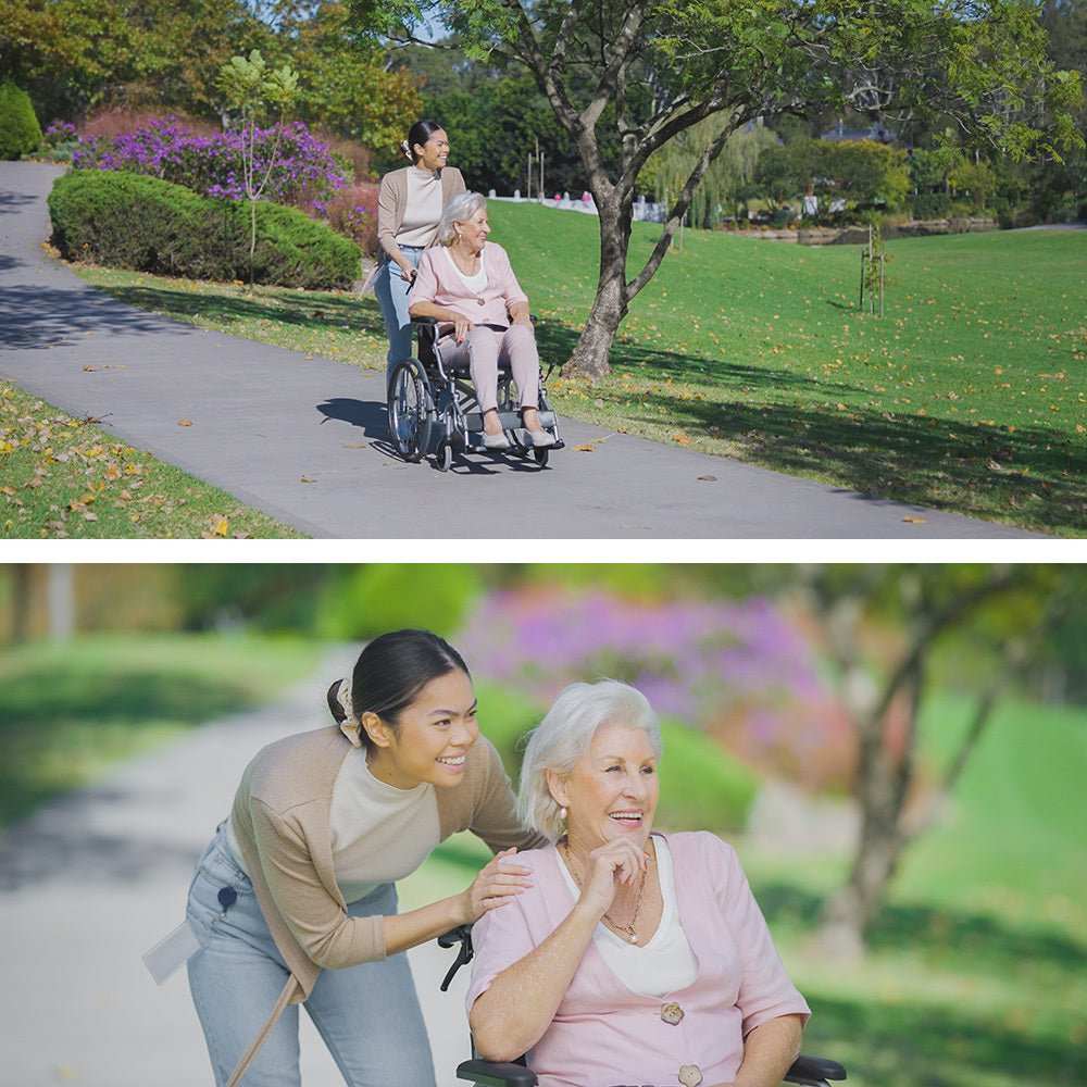 EQUIPMED Folding Aluminium Wheelchair with 20" puncture-proof wheels, foldable frame, padded seat, and park brakes in grey and black