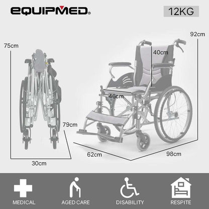 EQUIPMED folding aluminium wheelchair with 20-inch puncture-proof wheels and foldable footrests in grey and black