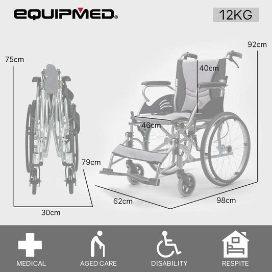 EQUIPMED folding aluminium wheelchair with 20-inch puncture-proof wheels and foldable footrests in grey and black