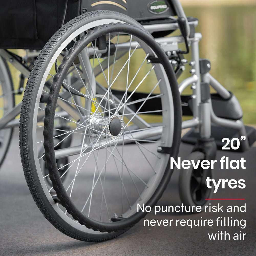 EQUIPMED folding aluminium wheelchair with 20" puncture-proof wheels, grey and black design, foldable frame, padded seat, and park brakes