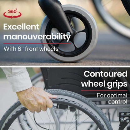 Equipmed folding aluminium wheelchair with 20" puncture-proof rear wheels and dual park brakes in grey and black