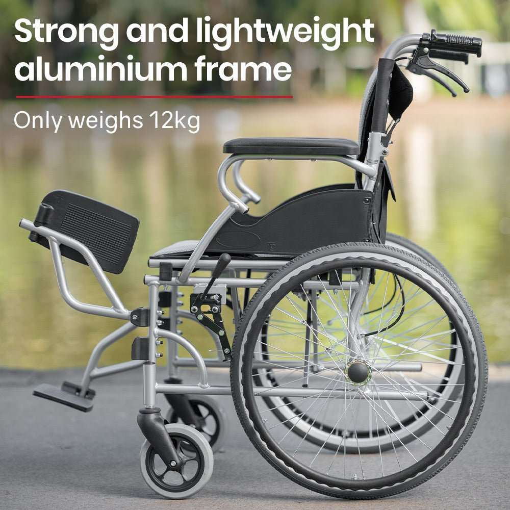 EQUIPMED folding aluminium wheelchair with 20-inch puncture-proof wheels, park brakes, padded seat, and foldable design in grey and black
