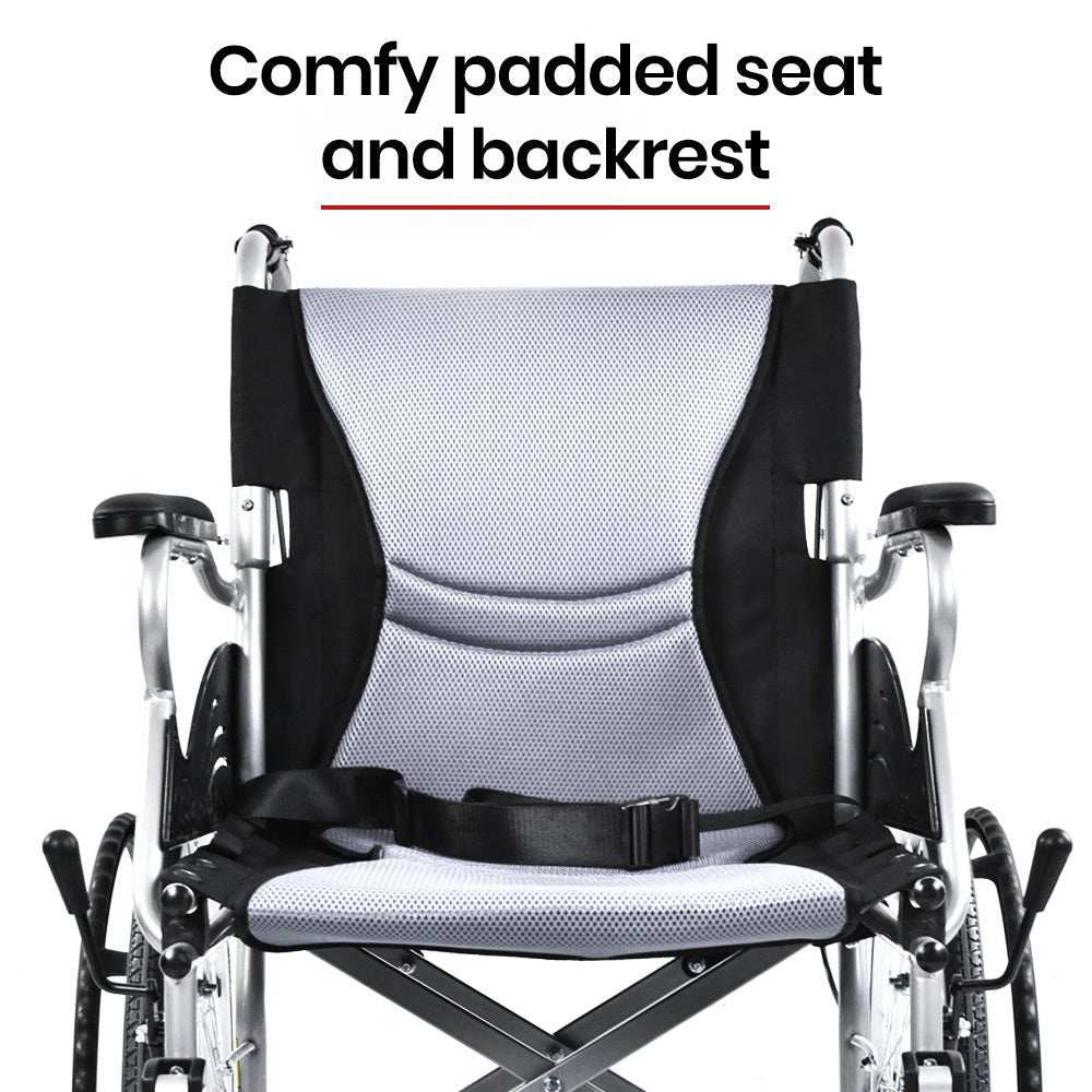 EQUIPMED Folding Aluminium Wheelchair with 20" never-flat wheels, foldable design, padded seat, and dual park brakes in grey and black