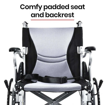 EQUIPMED Folding Aluminium Wheelchair with 20" never-flat wheels, foldable design, padded seat, and dual park brakes in grey and black