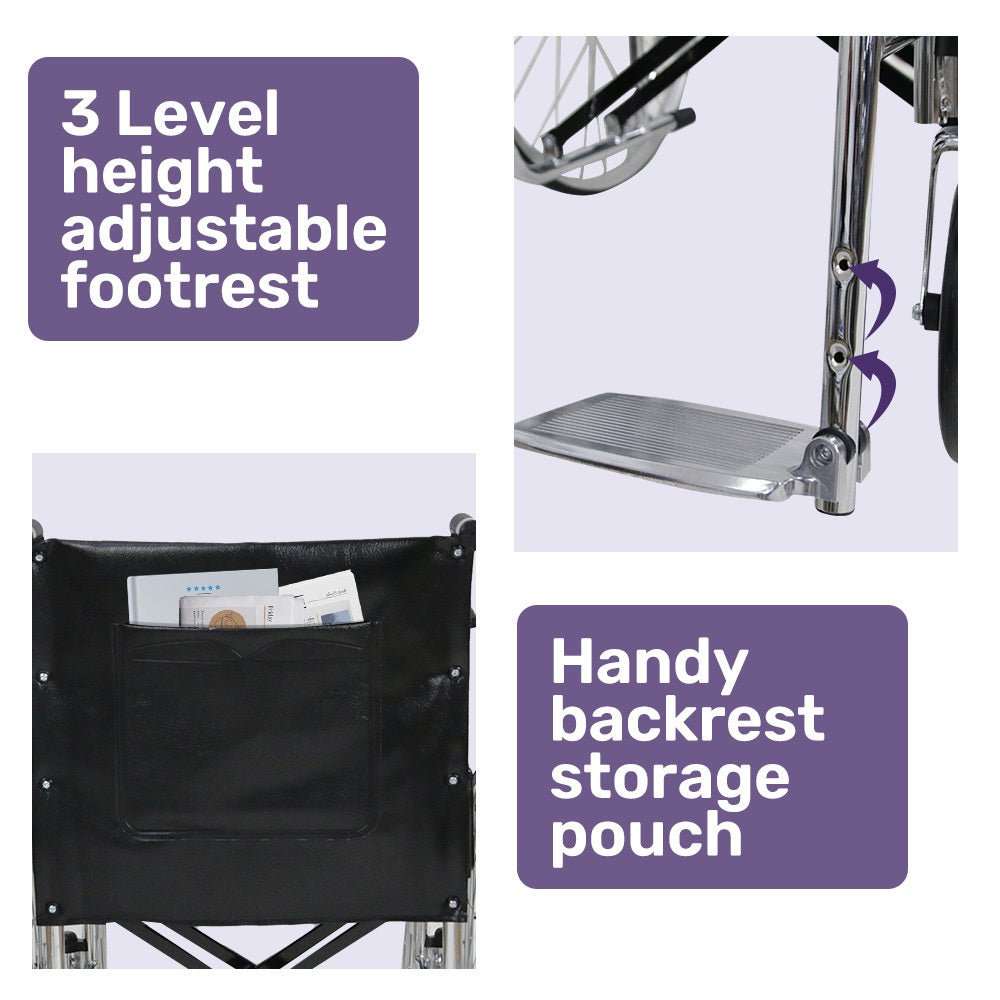 Equipmed folding self propelled wheelchair with 24-inch rear wheels and chrome steel frame